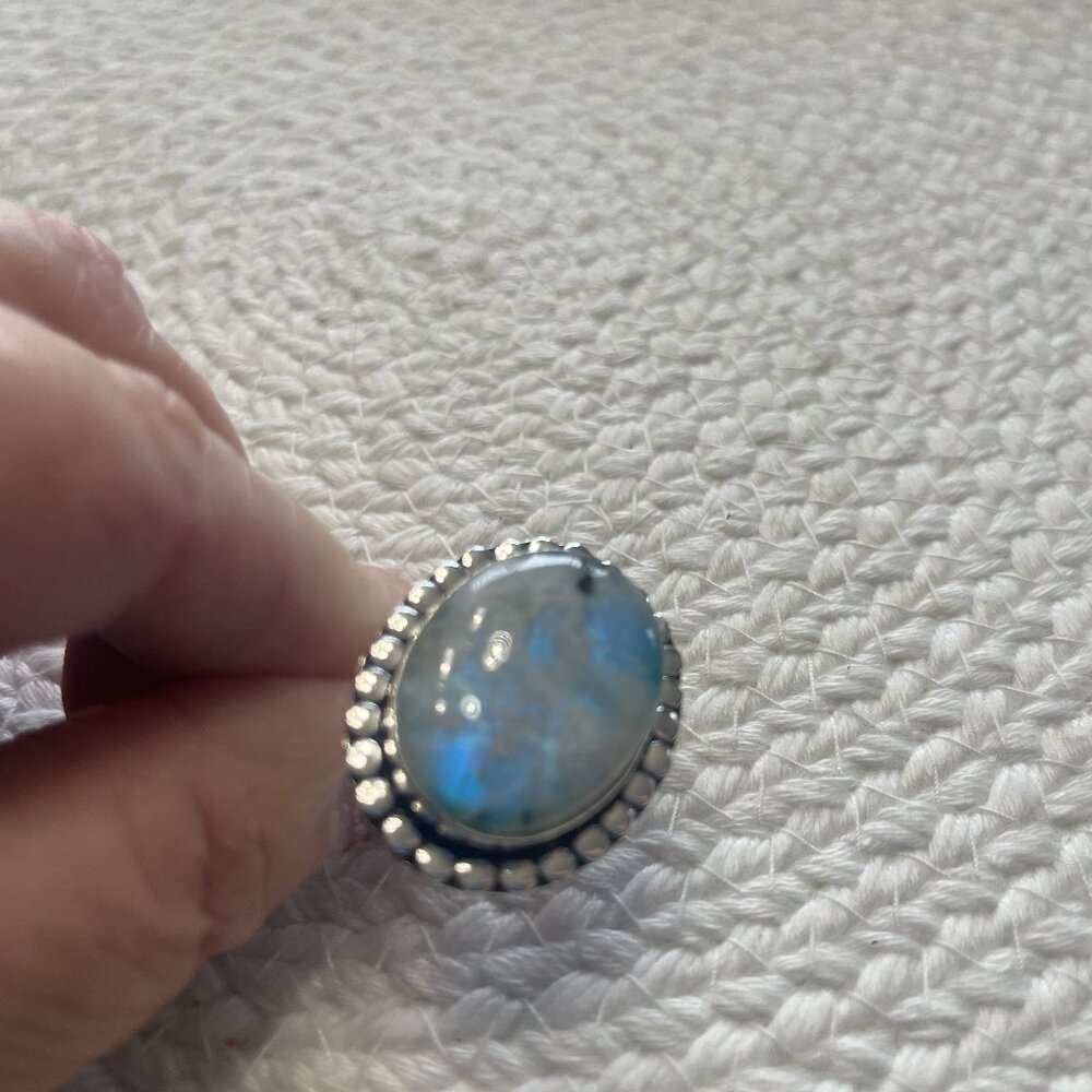 Gorgeous BLUE/GREEN RAINBOW MOONSTONE Handmade Sterling 925 Ring Size 9 #114E